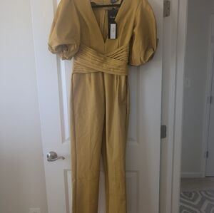 V-Neck Puff Sleeve Jumpsuit in Mustard